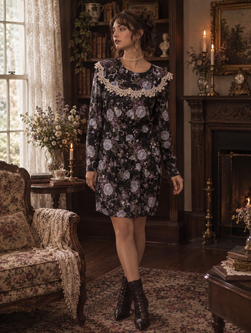 Vintage 1980s Gunne Sax by Jessica McClintock Dark Floral Midi Dress Cottagecore